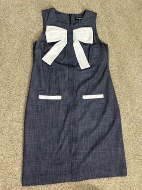 Karl Lagerfeld Navy Herringbone Sheath Dress with White Bow Detail